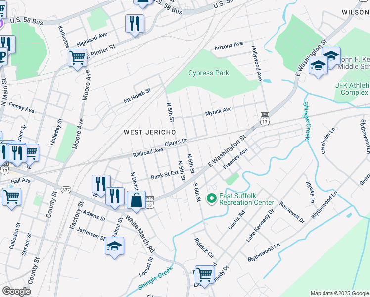 map of restaurants, bars, coffee shops, grocery stores, and more near 233 North 6th Street in Suffolk