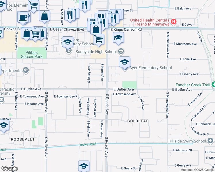 map of restaurants, bars, coffee shops, grocery stores, and more near 1333 South Peach Avenue in Fresno
