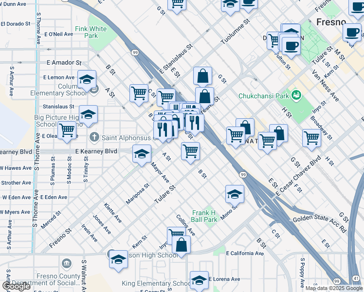 map of restaurants, bars, coffee shops, grocery stores, and more near 1114 B Street in Fresno