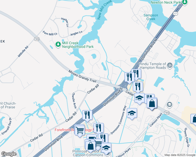 map of restaurants, bars, coffee shops, grocery stores, and more near 1821 Lancing Crest Lane in Chesapeake