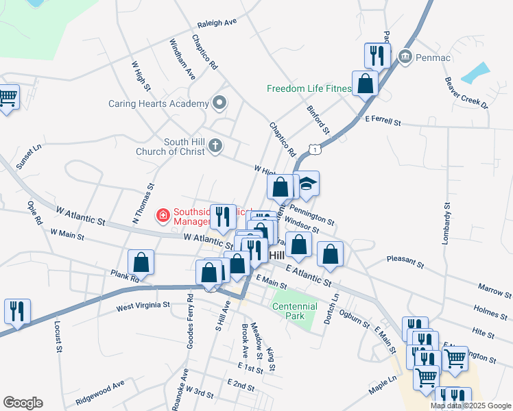 map of restaurants, bars, coffee shops, grocery stores, and more near 301 North Brunswick Avenue in South Hill