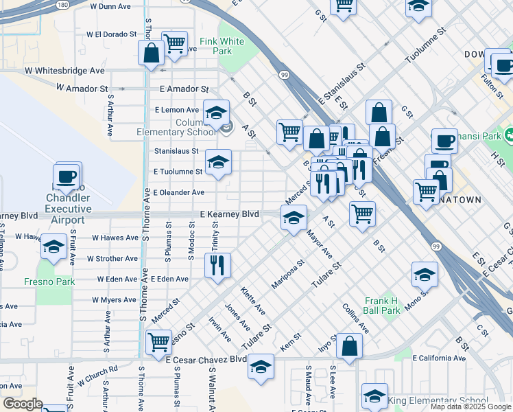 map of restaurants, bars, coffee shops, grocery stores, and more near 445 East Kearney Boulevard in Fresno