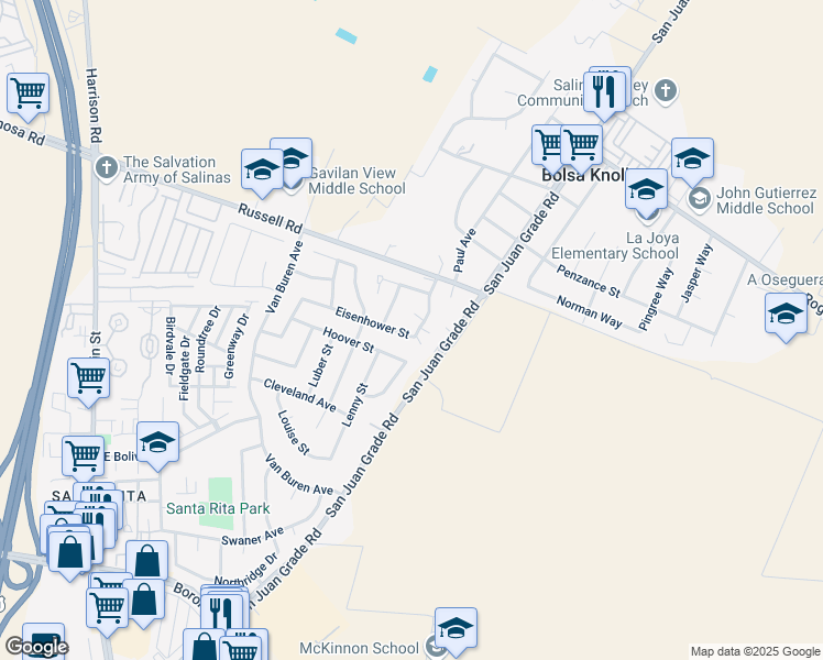 map of restaurants, bars, coffee shops, grocery stores, and more near 18821 Eisenhower Street in Salinas