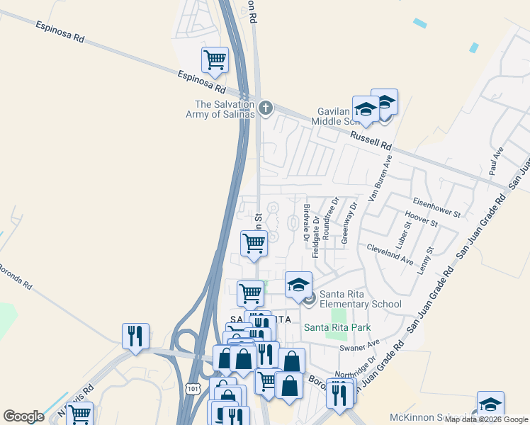 map of restaurants, bars, coffee shops, grocery stores, and more near 2290 North Main Street in Salinas