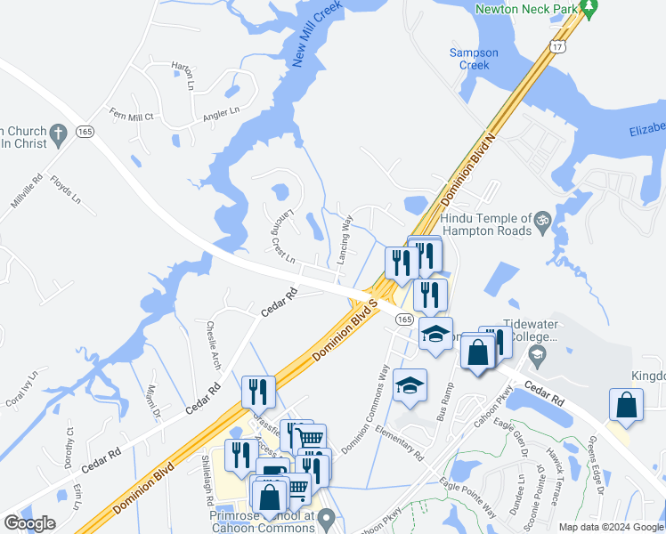 map of restaurants, bars, coffee shops, grocery stores, and more near 1800 Lancing Crest Lane in Chesapeake