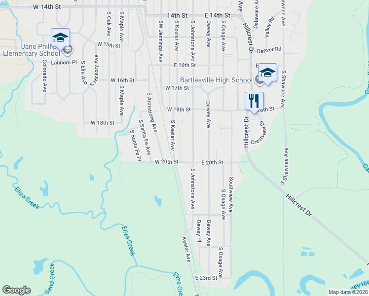 map of restaurants, bars, coffee shops, grocery stores, and more near 1936 South Johnstone Place in Bartlesville