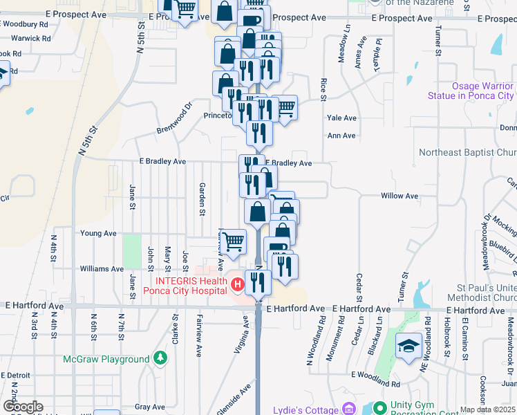 map of restaurants, bars, coffee shops, grocery stores, and more near US Highway 77 in Ponca City