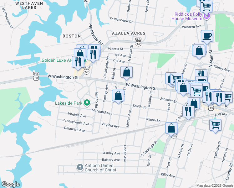 map of restaurants, bars, coffee shops, grocery stores, and more near 118 Bosley Avenue in Suffolk