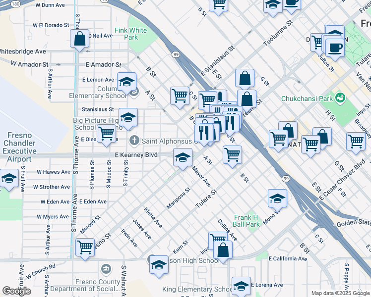 map of restaurants, bars, coffee shops, grocery stores, and more near 631 E Kearney Blvd in Fresno