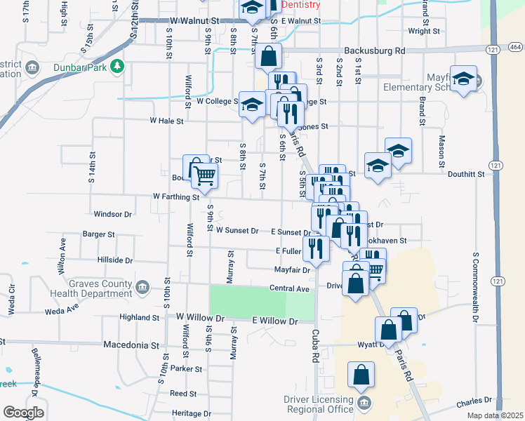 map of restaurants, bars, coffee shops, grocery stores, and more near 100 West Farthing Street in Mayfield