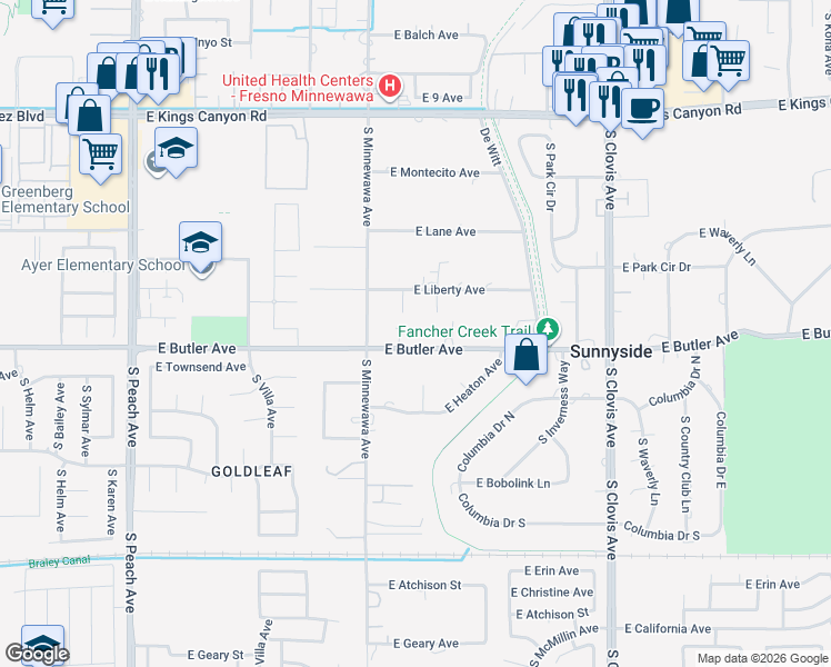 map of restaurants, bars, coffee shops, grocery stores, and more near 5443 East Butler Avenue in Fresno