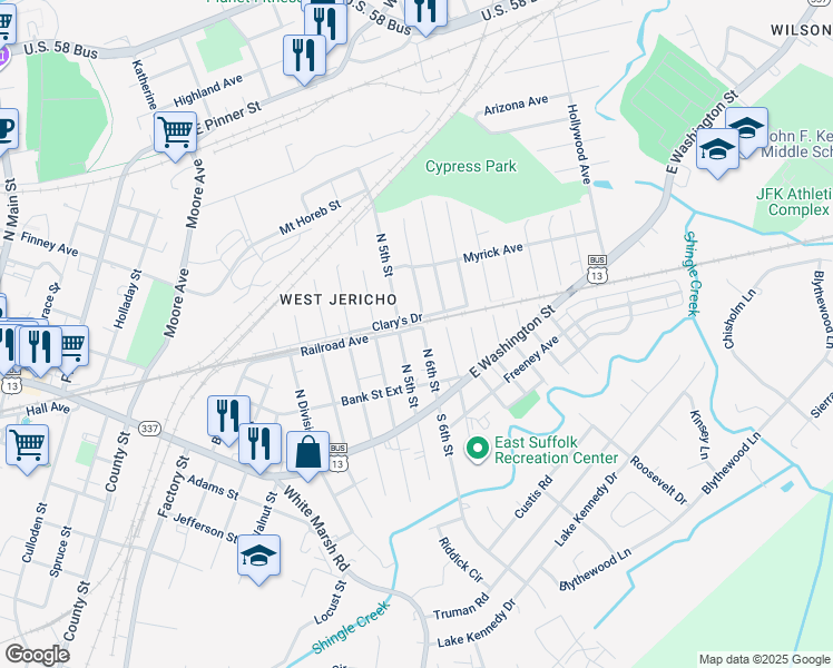 map of restaurants, bars, coffee shops, grocery stores, and more near 233 North 6th Street in Suffolk