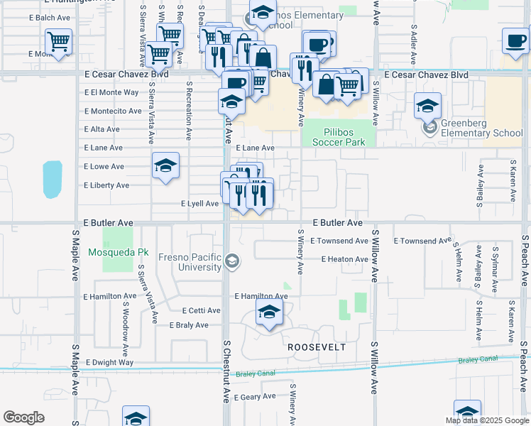 map of restaurants, bars, coffee shops, grocery stores, and more near 4861 East Butler Avenue in Fresno