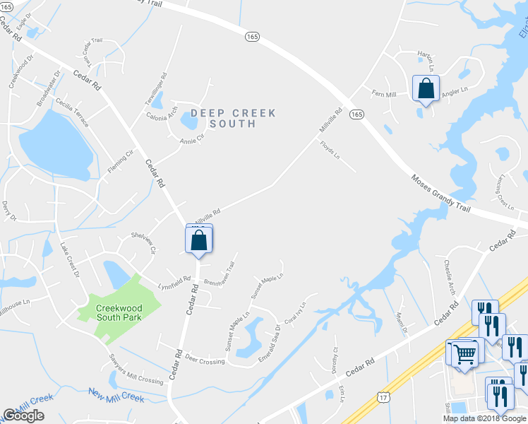 map of restaurants, bars, coffee shops, grocery stores, and more near 2161 Millville Road in Chesapeake