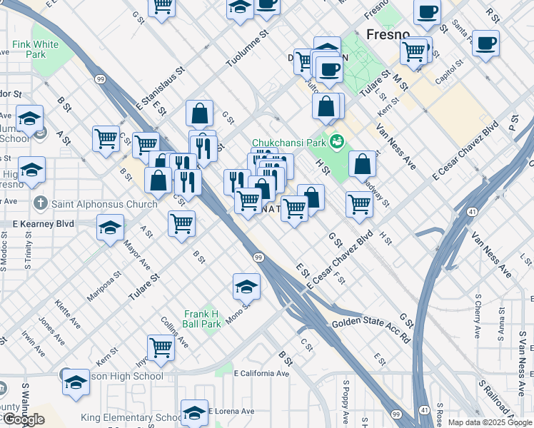 map of restaurants, bars, coffee shops, grocery stores, and more near 1423 Kern Street in Fresno