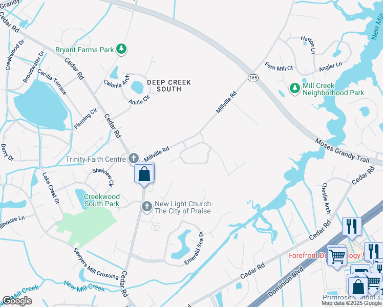 map of restaurants, bars, coffee shops, grocery stores, and more near 2161 Millville Road in Chesapeake