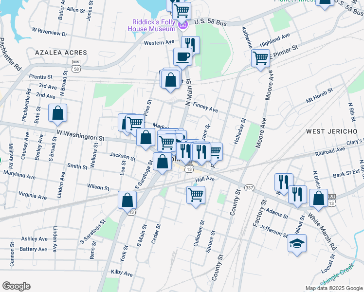 map of restaurants, bars, coffee shops, grocery stores, and more near 150 North Main Street in Suffolk