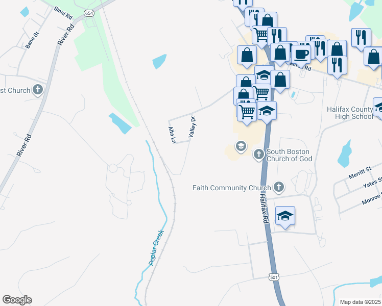 map of restaurants, bars, coffee shops, grocery stores, and more near 411 Valley Drive in South Boston