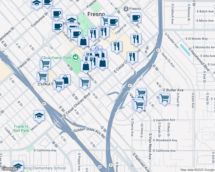 map of restaurants, bars, coffee shops, grocery stores, and more near 531 Fulton Street in Fresno