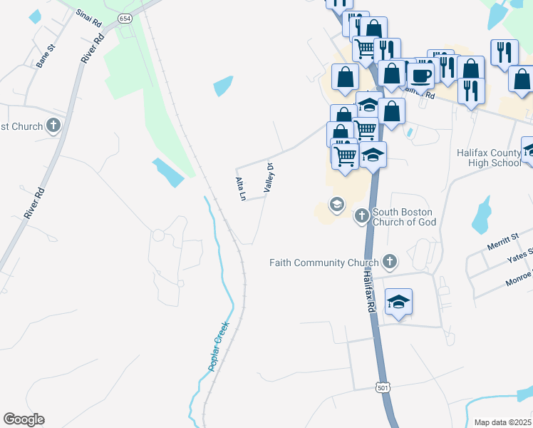 map of restaurants, bars, coffee shops, grocery stores, and more near 411 Valley Drive in South Boston