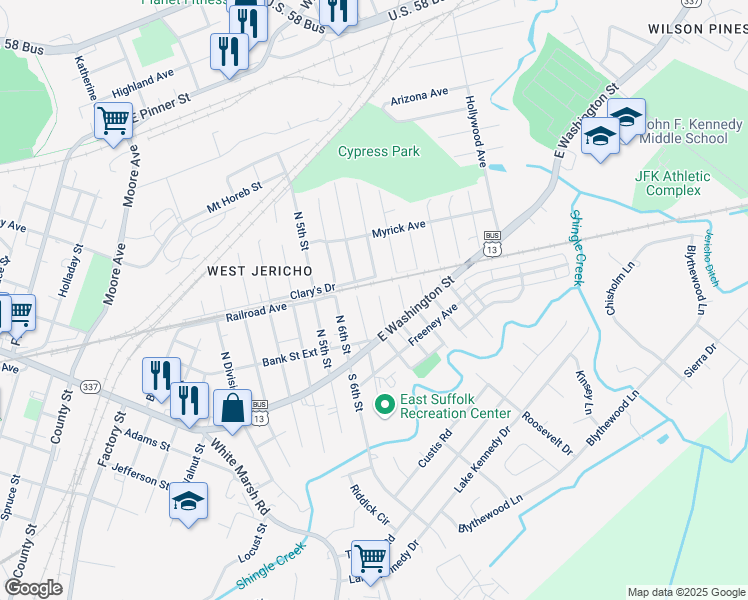 map of restaurants, bars, coffee shops, grocery stores, and more near 218 North 7th Street in Suffolk