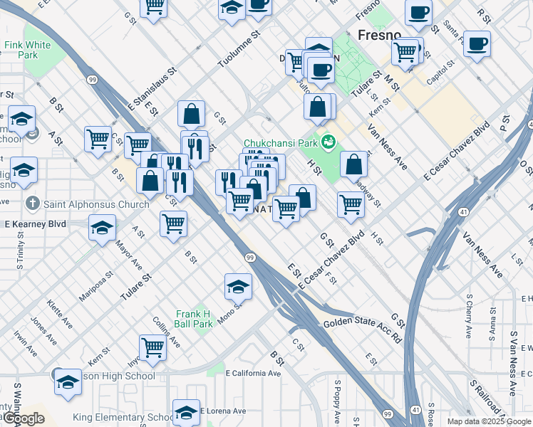 map of restaurants, bars, coffee shops, grocery stores, and more near 1458 Kern Street in Fresno