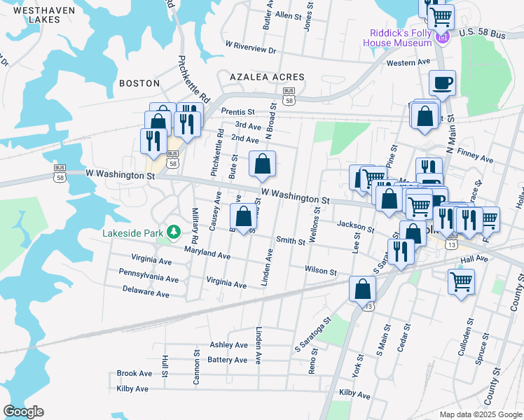 map of restaurants, bars, coffee shops, grocery stores, and more near 108 South Broad Street in Suffolk