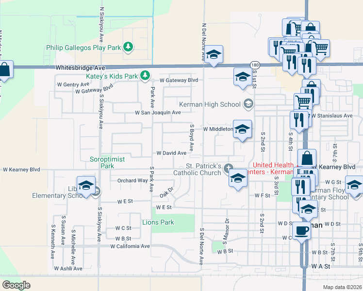 map of restaurants, bars, coffee shops, grocery stores, and more near 15647 Wooten Court in Kerman
