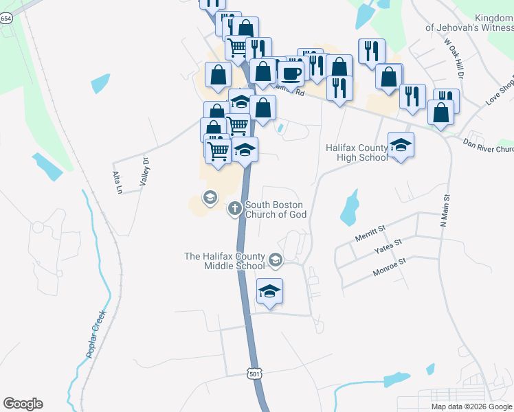 map of restaurants, bars, coffee shops, grocery stores, and more near 200 Sycamore Road in South Boston