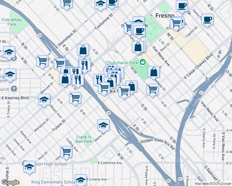 map of restaurants, bars, coffee shops, grocery stores, and more near 1423 Kern Street in Fresno