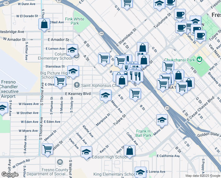 map of restaurants, bars, coffee shops, grocery stores, and more near 631 East Kearney Boulevard in Fresno