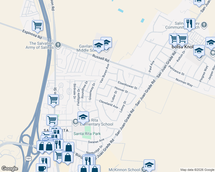 map of restaurants, bars, coffee shops, grocery stores, and more near 18632 Eisenhower Street in Salinas