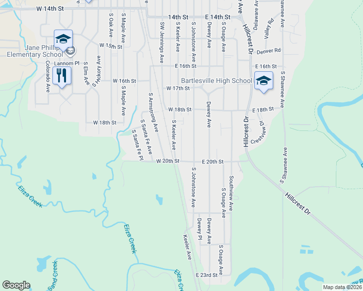 map of restaurants, bars, coffee shops, grocery stores, and more near 1936 South Johnstone Place in Bartlesville