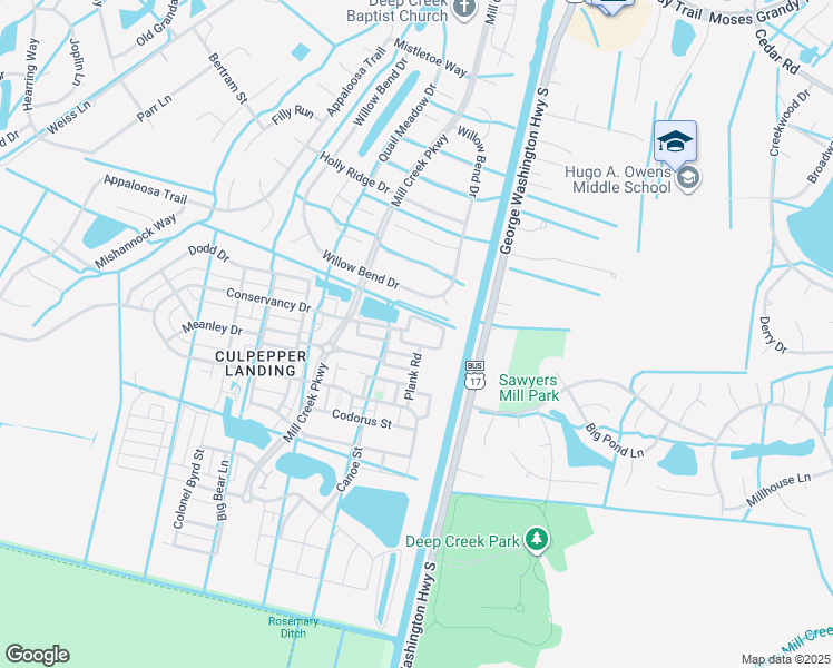map of restaurants, bars, coffee shops, grocery stores, and more near 3000 Conservancy Drive in Chesapeake