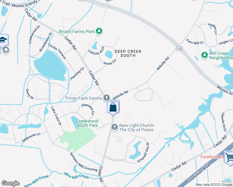 map of restaurants, bars, coffee shops, grocery stores, and more near 2244 Millville Road in Chesapeake