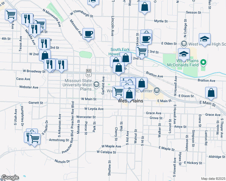 map of restaurants, bars, coffee shops, grocery stores, and more near 201 Garfield Avenue in West Plains