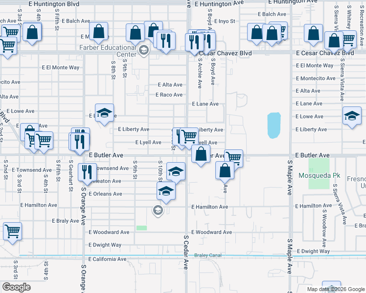 map of restaurants, bars, coffee shops, grocery stores, and more near 4127 East Butler Avenue in Fresno