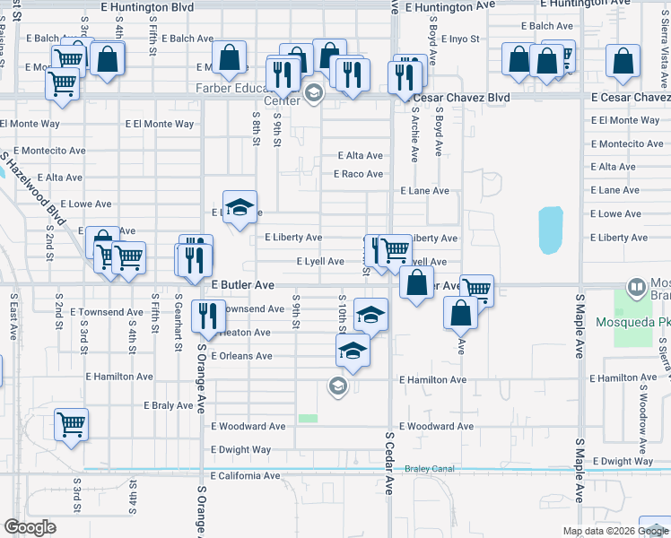 map of restaurants, bars, coffee shops, grocery stores, and more near 4030 East Lyell Avenue in Fresno