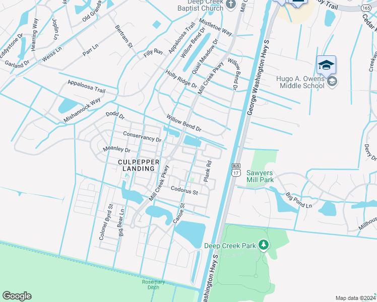 map of restaurants, bars, coffee shops, grocery stores, and more near 3111 Conservancy Drive in Chesapeake