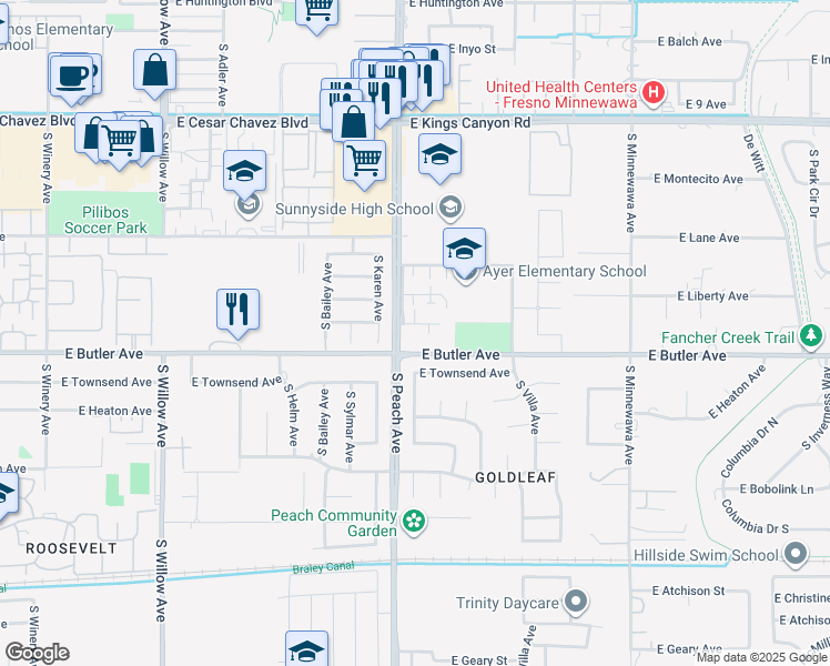 map of restaurants, bars, coffee shops, grocery stores, and more near 5213 East Butler Avenue in Fresno