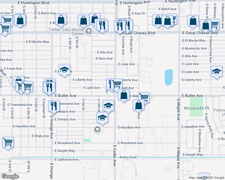 map of restaurants, bars, coffee shops, grocery stores, and more near 4127 East Butler Avenue in Fresno