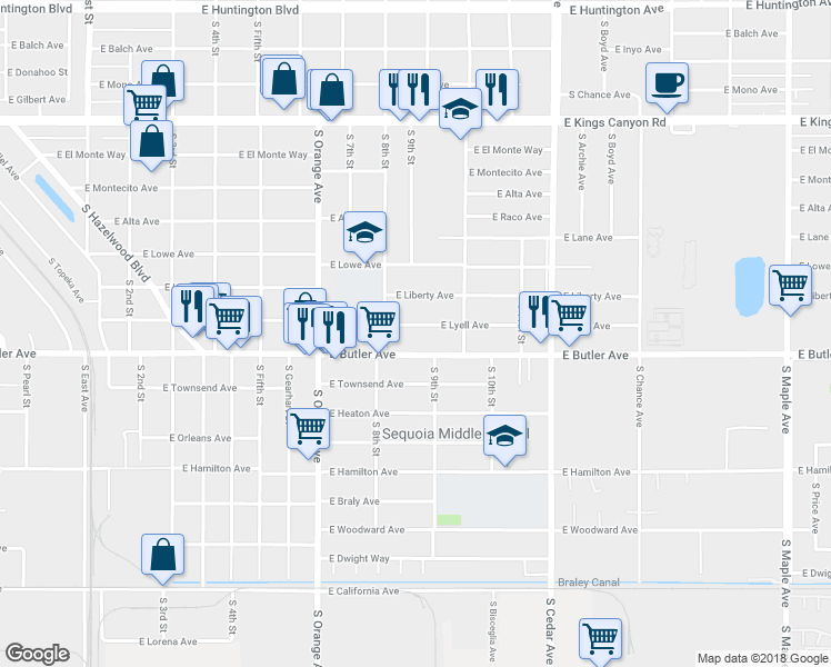 map of restaurants, bars, coffee shops, grocery stores, and more near 3845 East Butler Avenue in Fresno