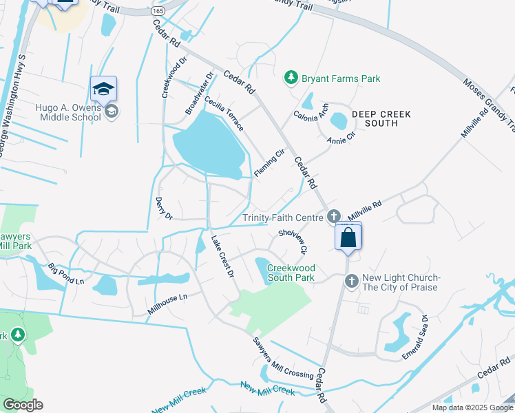 map of restaurants, bars, coffee shops, grocery stores, and more near 709 Creekwood Drive in Chesapeake
