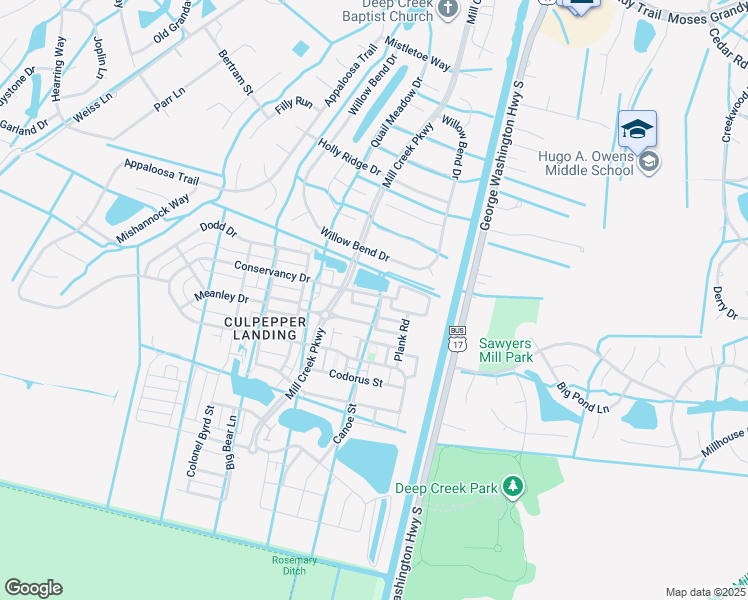 map of restaurants, bars, coffee shops, grocery stores, and more near 3103 Conservancy Drive in Chesapeake