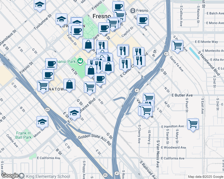 map of restaurants, bars, coffee shops, grocery stores, and more near 531 Fulton St in Fresno