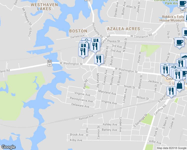 map of restaurants, bars, coffee shops, grocery stores, and more near 122 Park Road in Suffolk