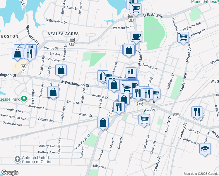 map of restaurants, bars, coffee shops, grocery stores, and more near 2 Pine Street in Suffolk