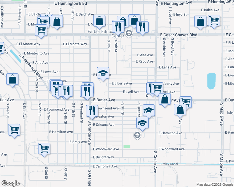 map of restaurants, bars, coffee shops, grocery stores, and more near 3845 East Butler Avenue in Fresno