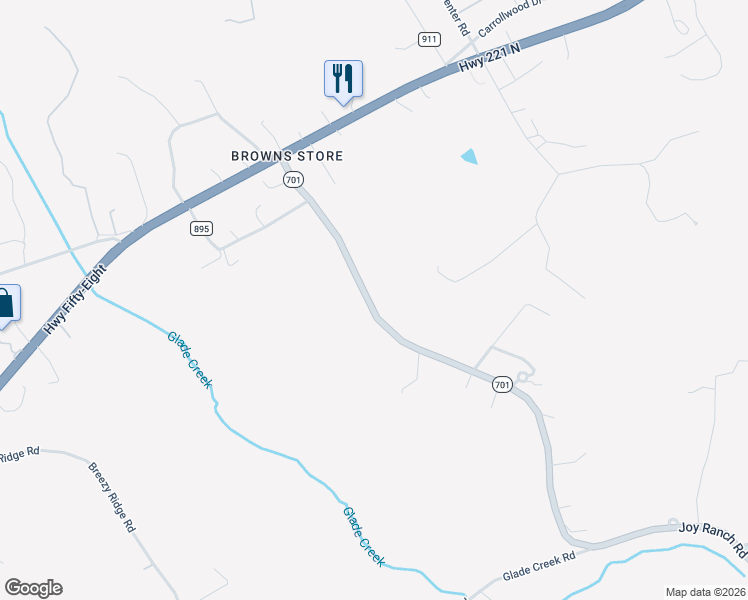 map of restaurants, bars, coffee shops, grocery stores, and more near Joy Ranch Road in Woodlawn