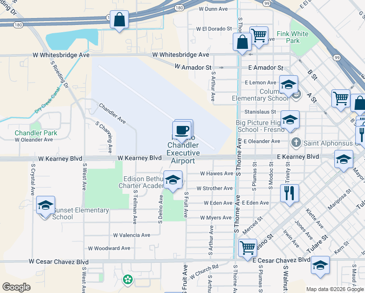 map of restaurants, bars, coffee shops, grocery stores, and more near 510 West Kearney Boulevard in Fresno